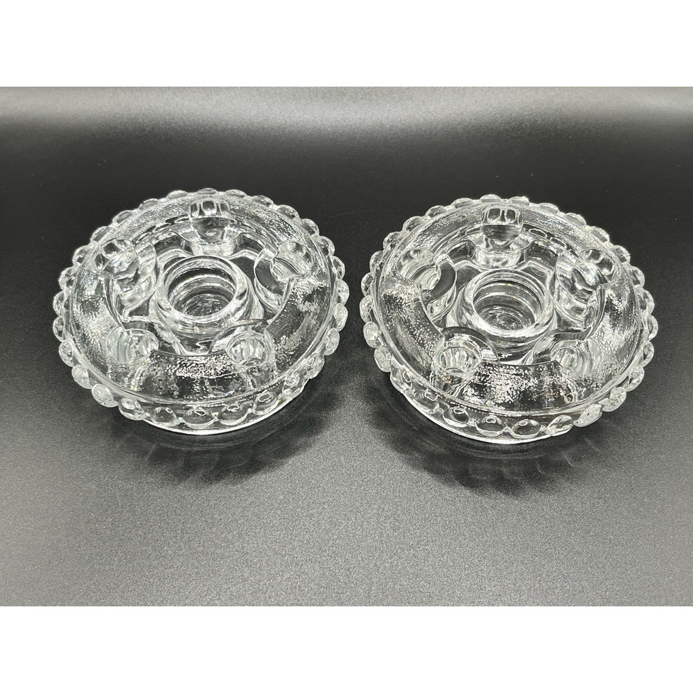 Fenton Clear Glass Round Console Insert Candlesticks 3.5" x 1.25" Vtg Pair 1970s